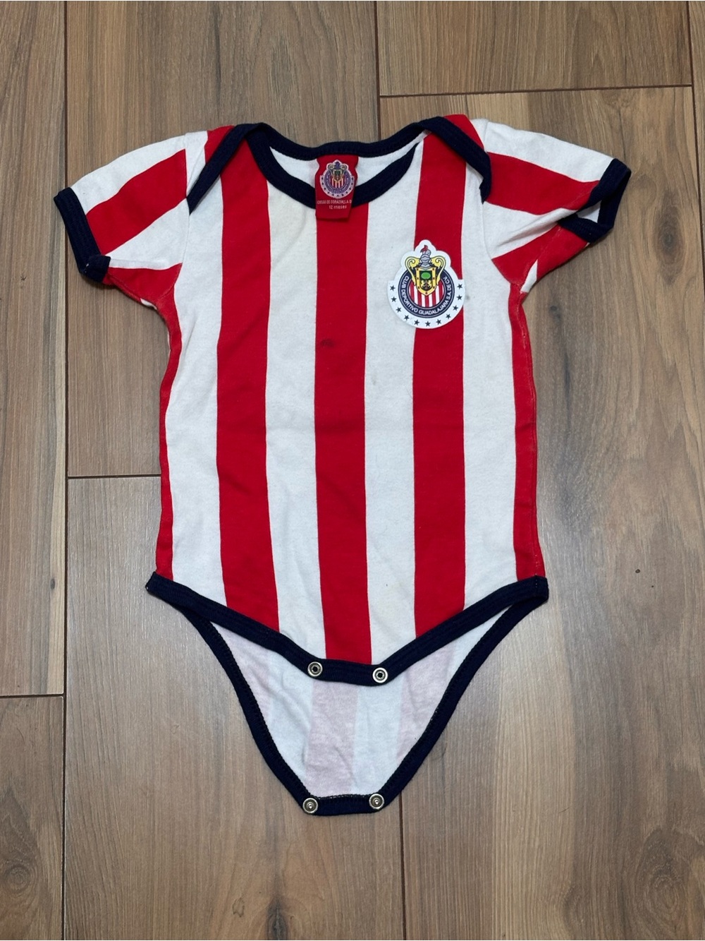 Red & White Striped Baby One-Piece Bodysuit with Navy Trim